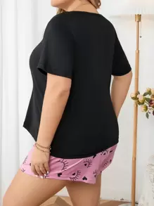 Plus Slogan Graphic Tee & Heart Print Shorts PJ Set / Pajama Set - Multicolor - View 2