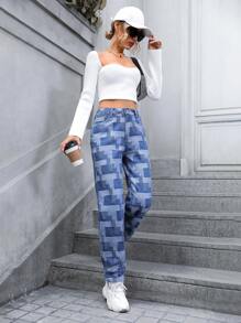 SHEIN Privé 高腰拼布印花直筒牛仔褲 - 藍色 - 查看 4