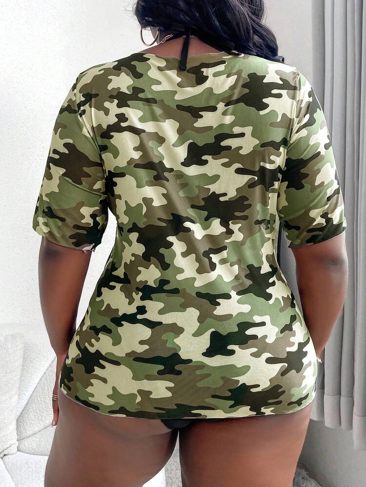 Plus Size Camo Print Bikini Set With Cover Up Summer