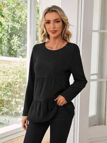 EMERY ROSE Blusa peplum unicolor bajo con fruncido - Negro - Ver 4