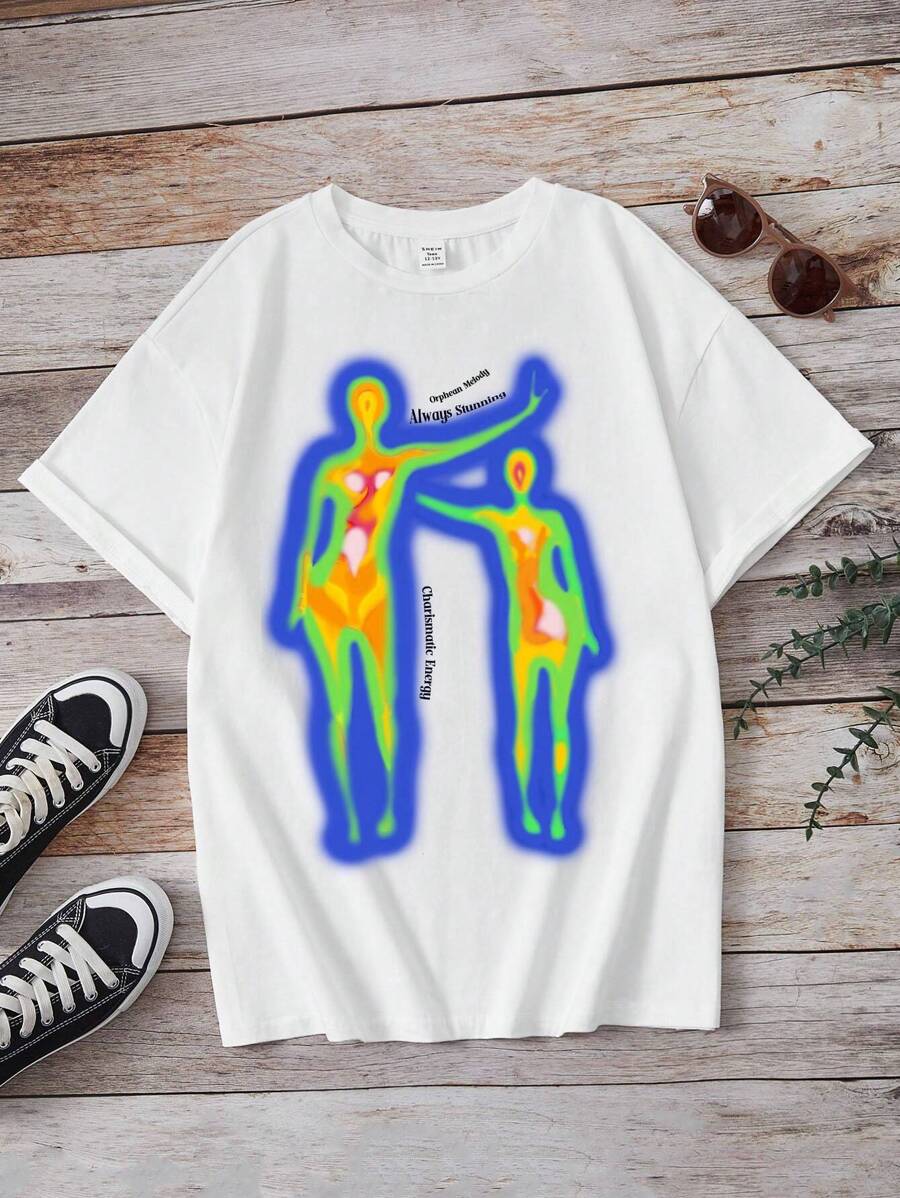 SHEIN Teen Girl Body Heat Map Print Drop Shoulder Tee - White - View 1