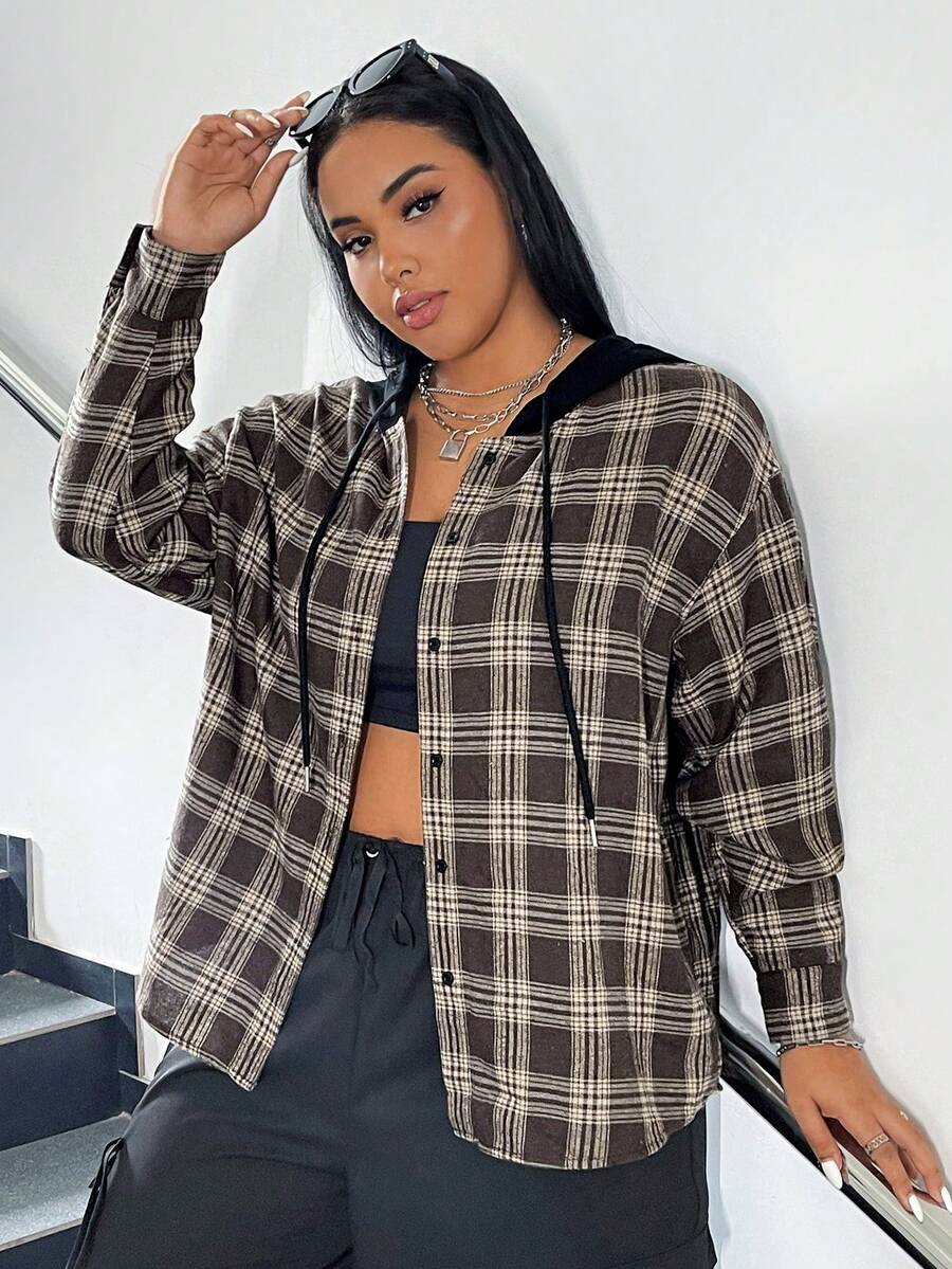 SHEIN EZwear Plus Plaid Print Drop Shoulder Drawstring Hooded Blouse - Brown - View 1