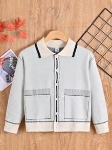 SHEIN Tween Boy Contrast Trim Button Up Cardigan - Beige - View 8