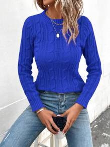 SHEIN LUNE Suéter de cuello redondo de punto de cable para otoño e invierno - Azul - Ver 2