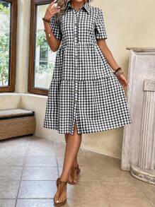 EMERY ROSE Gingham Print Button Front Ruffle Hem Smock Dress - Black and White - View 5