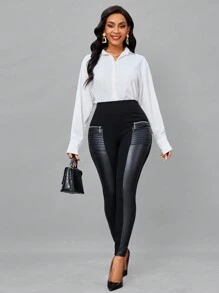 SHEIN Lady Zip Detail Wideband Waist PU Leather Leggings