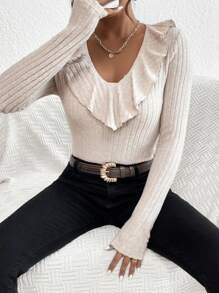 SHEIN Frenchy Camiseta ribete con fruncido tejido de canalé - Albaricoque - Ver 1