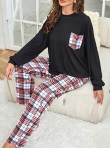 Plaid Pocket Patched Tee & Pants Lounge Set - Black - View 3