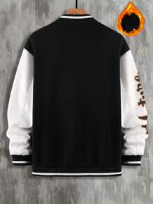 Manfinity Hypemode 寬鬆版男士熊和字母拼接彩塊條邊暖裡線運動棒球外套,不含t-shirt - 黑與白 - 查看 2