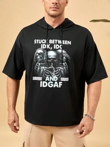 Manfinity LEGND 男士寬鬆抽繩連帽t卹,印有口號和骷髏印花 - 黑色 - 查看 5