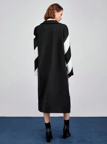 Maija Two Tone Button Front Overcoat - Black and White - View 2