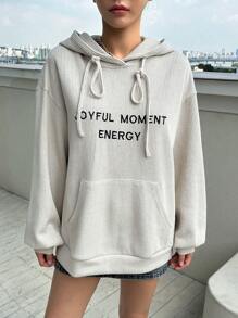 DAZY 标语图案大口袋落肩抽绳连帽衫，秋季女装运动衫 - 杏色 - 查看 4
