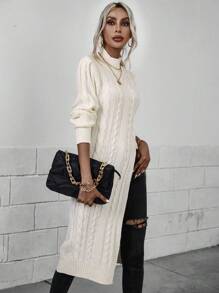 EMERY ROSE Jersey largo de cuello alto de muslo con abertura tejido de cable - Beis - Ver 6