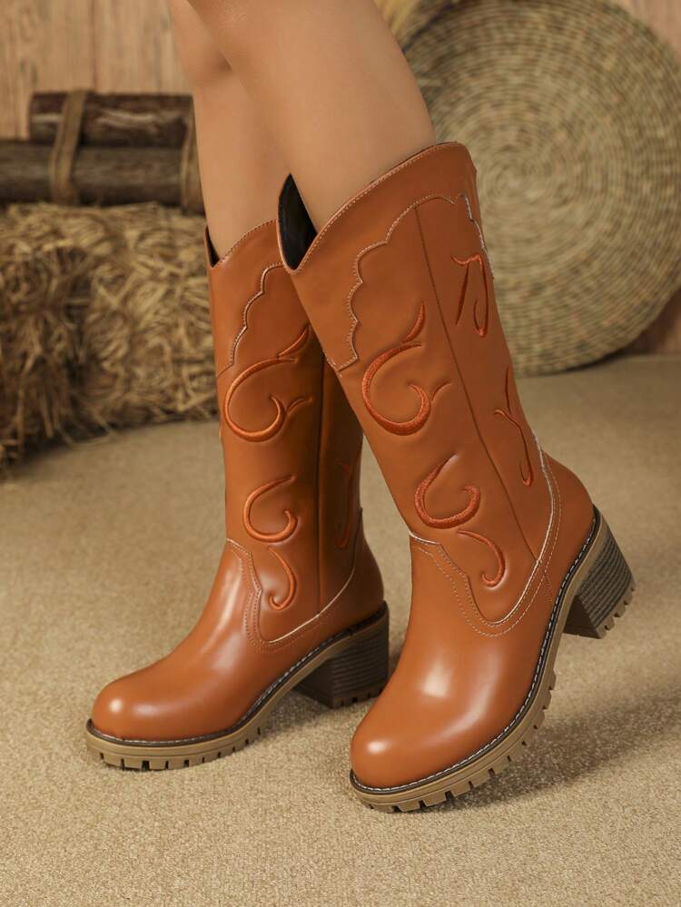 Women's Western Cowboy Boots Mid-calf Knight Boots Round Toe Vintage Embroidery Chunky Heel