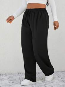 EURMUSE Women's  Plus Size  Loose Fit Casual Straight Leg Pants With Drawstring Waist And Slanted Pockets