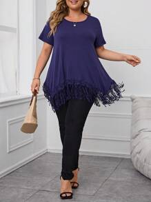 EMERY ROSE Talla grande Camiseta con encaje bajo con fleco - Azul Marino - Ver 3