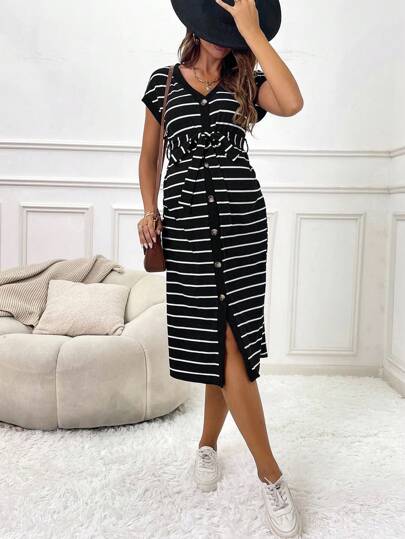 SHEIN Maternity Striped Print Batwing Sleeve Belted Dress