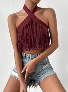 Allurite 流蘇邊十字交叉後背繫帶繞頸短上衣 - 酒紅色 - 查看 1