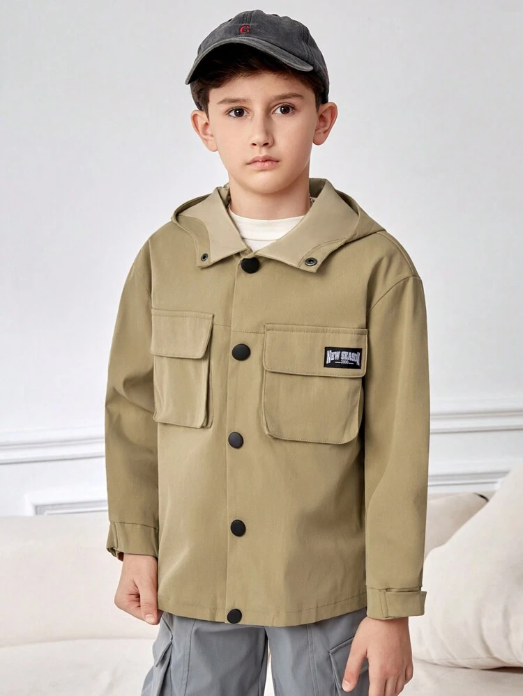 Tween Boy Letter Patched Detail Flap Pocket Hooded Coat Without Tee