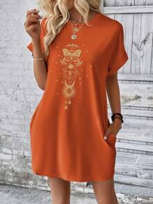 INAWLY Váy in hình bướm tay áo cánh dơi Áo thun có túi ẩn - Màu Cam cháy - Xem 4