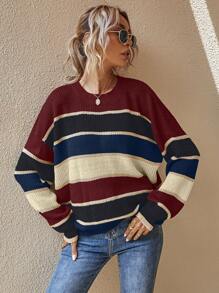 SHEIN LUNE Striped Pattern Drop Shoulder Oversized Sweater,Long Sleeve Tops - Multicolor - View 5