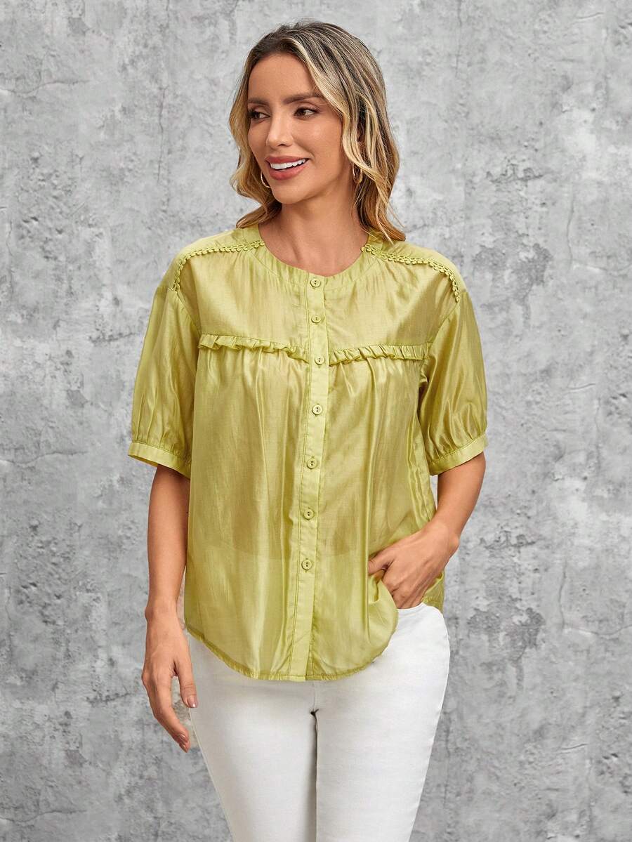 EMERY ROSE 素色褶邊前紐扣襯衫 - 黃色 - 查看 1