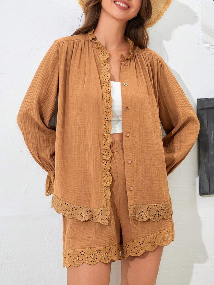 Contrast Lace Flounce Sleeve Blouse & Shorts