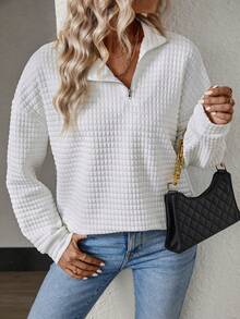 SHEIN LUNE Half Zip Drop Shoulder Sweatshirt - White - View 6