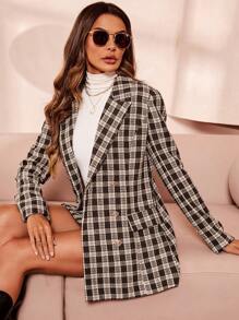 SHEIN Clasi Abrigo con patrón de cuadros de doble botonadura tweed