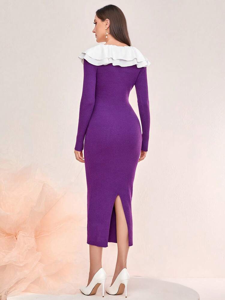 Contrast Collar Button Detail Bodycon Sweater Dress