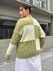 SHEIN Essnce 加兩色絞花針織開衫 - 彩色 - 查看 3
