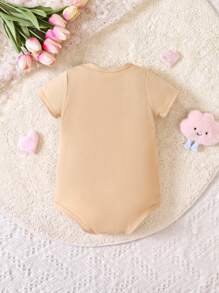 Baby Girl Summer Casual Slogan Heart Printed Bodysuit - Khaki - View 2