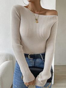 SHEIN Privé Jersey de cuello barco tejido de canalé - Albaricoque - Ver 4