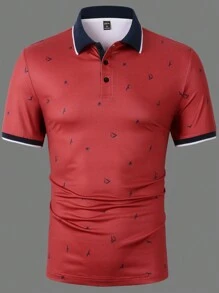 Manfinity Mode Men Bird Print Contrast Trim Polo Shirt - Red - View 6