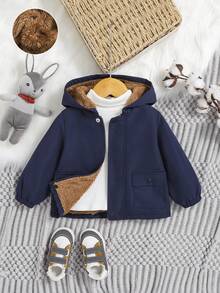 SHEIN Đứa bé trai Lót Teddy Áo trùm đầu Không có áo len - Màu xanh hải quân - Xem 1