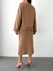 Drop Shoulder Cardigan & Knit Skirt Without Belt - Khaki - View 6