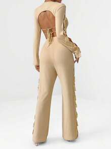 SHEIN Privé Solid Crop Tee & Flare Leg Pants - Apricot - View 2
