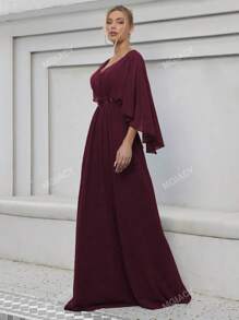V-Neck Flare Sleeve Sequin & Embroidered Applique Party Dress