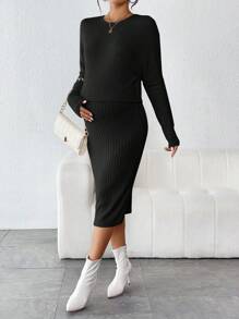 SHEIN Maternity Solid Ribbed Knit Tee & Adjustable Waist Skirt - Black - View 6