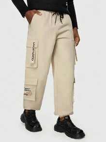 ROMWE MEN Street Life Các bạn Đồ họa Khẩu hiệu Túi nắp bên cạnh Eo dây rút Quần Cargo - Màu Khaki - Xem 3