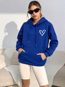 INAWLY 心形印花袋鼠口袋落肩抽绳连帽衫，长袖上衣 - 寶藍色 - 查看 5