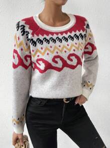 SHEIN Unity Suéter de punto con mangas raglán y estampado geométrico para otoño e invierno - Albaricoque - Ver 3