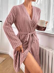 Solid Belted Ribbed Knit Belted Robe Cozy And Elegant, For Fall & Winter Outfit - Dusty Pink - View 3