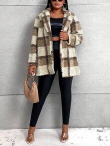 Celure Plus Plaid Print Open Front Teddy Coat - Multicolor - View 5