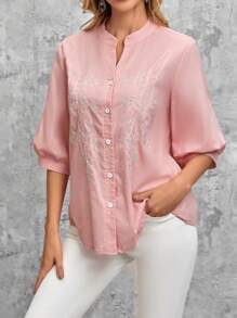 EMERY ROSE Thêu hoa Nút phía trước Áo sơ mi - Màu Hồng Tươi - Xem 7