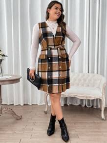 Flirla Plus Plaid Print Double Breasted Dress Without Tee - Multicolor - View 5