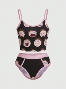 Rick and Morty | ROMWE 加大尺寸彩塊卡通印花背心上衣和內褲套裝,邊緣處理,適用於家居穿戴 - 彩色 - 查看 4