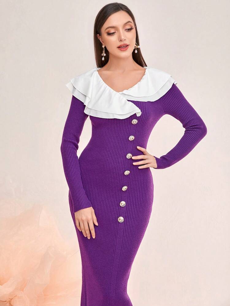 Contrast Collar Button Detail Bodycon Sweater Dress