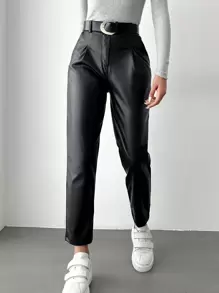 EURMUSE Buckle Belted PU Leather Pants - Black - View 3