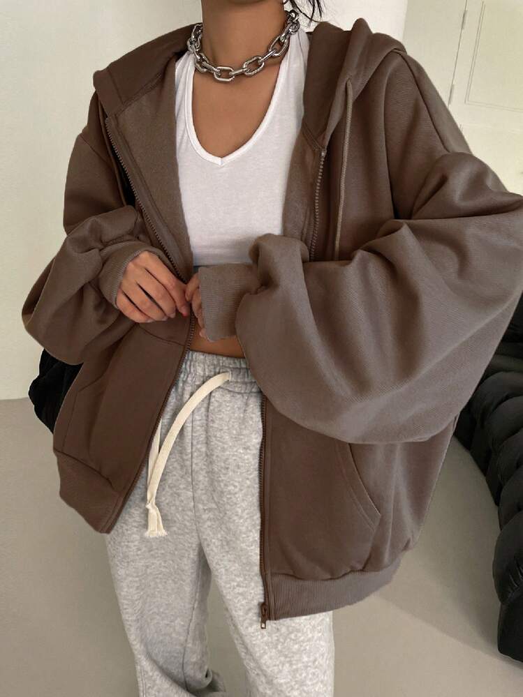 DAZY Zip Up Drop Shoulder Drawstring Thermal Lined Hoodie,Long Sleeve Tops,Fall Women Clothes Sweatshirt Jacket